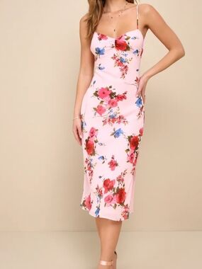 Lulu's Pink Floral Slip Midi Dress with Red & Blue Blooms size XL new with tags